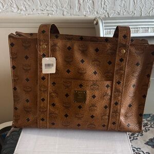 MCM Brown Visetos Monogram Shoulder Tote
